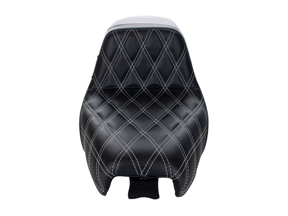 Kickflip Dual Seat with White Double Diamond Stitch. Fits Sportster 2004-2006 & Sportster 2010-2021 Models with either 3.3 or 4.5 Gallon Tank.