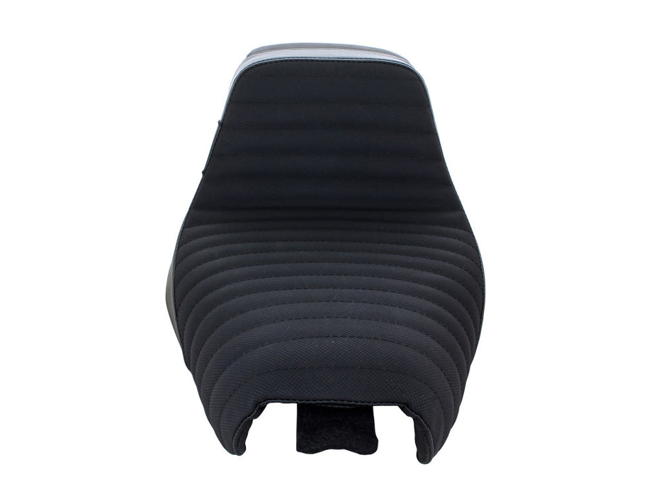 Kickflip Dual Seat with Pleated Gripper Tape. Fits Sportster 2004-2006 & Sportster 2010-2021 Models with either 3.3 or 4.5 Gallon Tank.