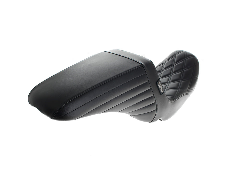 Kickflip Up Front Reduced Reach Dual Seat with Black Double Diamond Stitch. Fits Dyna 2006-2017.