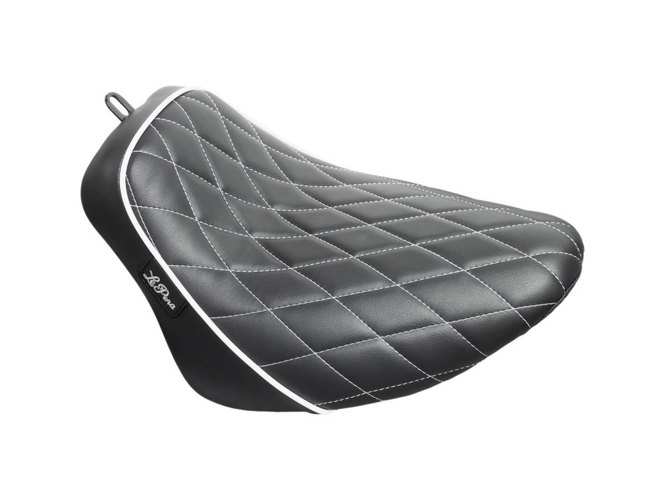 LE PERA Bare Bones Solo Seat with White Diamond Stitch & Piping. Fits Softail Slim & Street Bob 2018up & Standard 2020up.