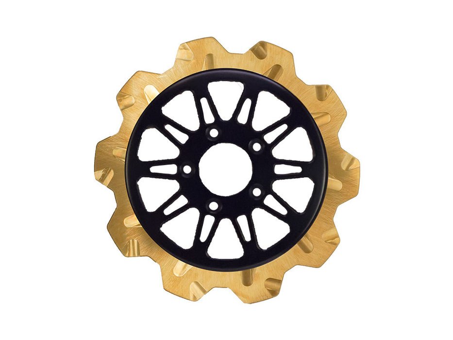 11.5in. Rear Omega Crown Disc Rotor - Gold Band & Black Carrier. Fits Big Twin 2000up & Sportster 2000-2010.