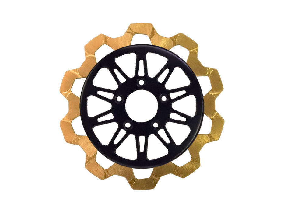 11.8in. Front Omega Bow-Tie Disc Rotor - Gold Band & Black Carrier. Fits Dyna 2006-2017, Softail 2015up, Sportster 2014-2021 & Some Touring 2008up.