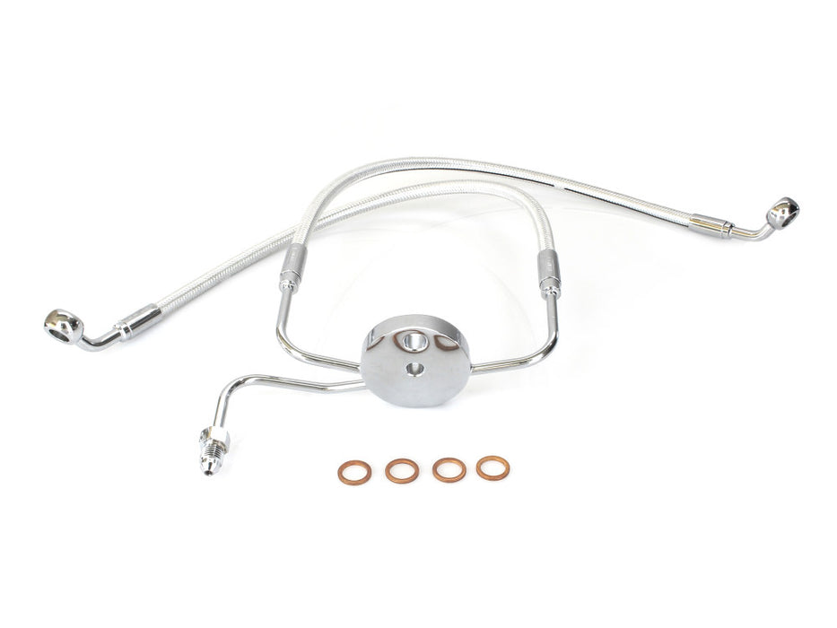 Lower Front Brake Line with T-Piece - Sterling Chromite. Fits Sportster 2004-2013 with Dual Front Calipers
