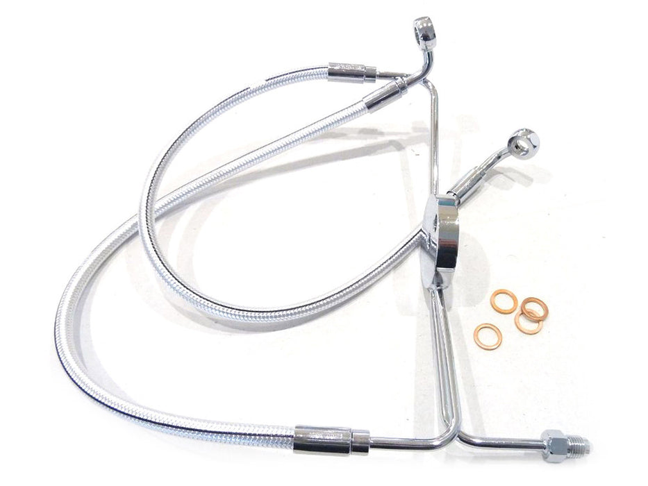 Lower Front Brake Line with T-Piece - Sterling Chromite. Fits Dyna Fat Bob 2008-2011 with Non-ABS & Dual Front Calipers.