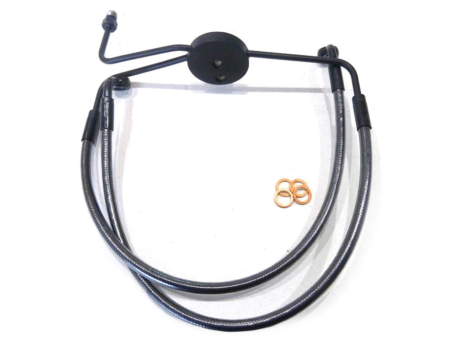 Lower Front Brake Line with T-Piece - Black Pearl. Fits Dyna Fat Bob 2008-2011 with Non-ABS & Dual Front Disc Calipers.