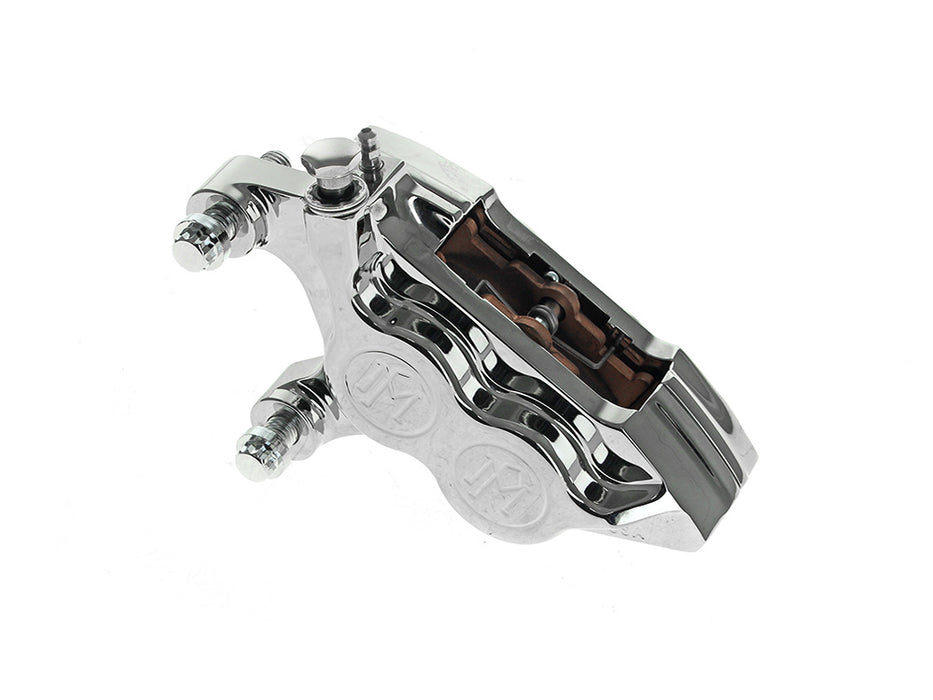 Left Hand Front 4 Piston Caliper - Chrome. Fits Softail 2015up, V-Rod 2006-2017, Touring 2008up & Sportster 2014-2021