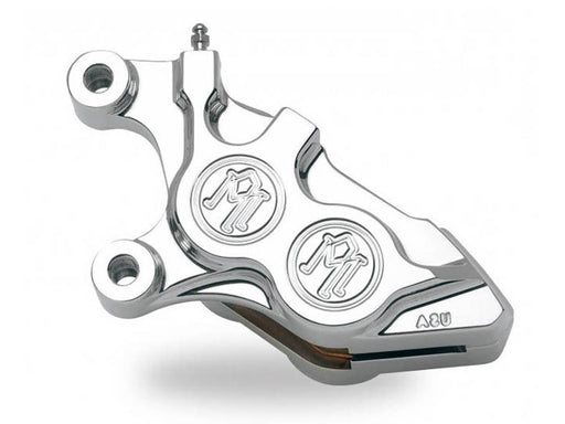 Left Hand Front 4 Piston Caliper - Chrome. Fits Softail 2000-2014, Dyna 2000-2017, Touring 2000-2007 & Sportster 2000-2007 Models with 11.5in. Disc Rotor.