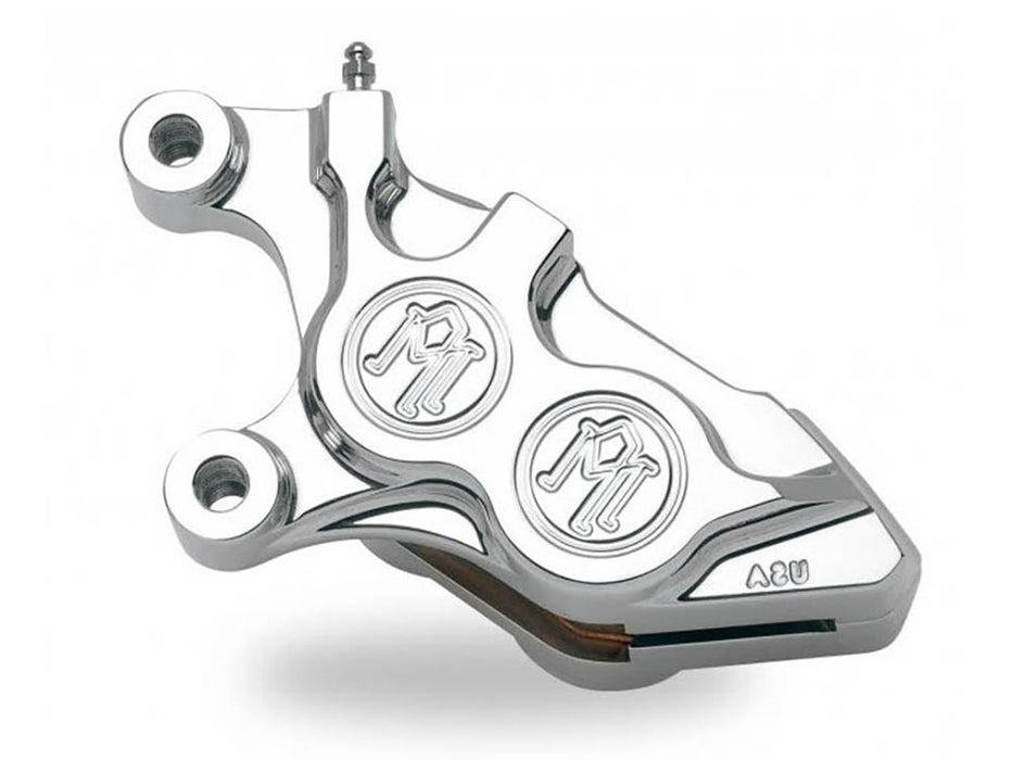 Left Hand Front 4 Piston Caliper - Chrome. Fits Softail 2000-2014, Dyna 2000-2017, Touring 2000-2007 & Sportster 2000-2007 Models with 11.5in. Disc Rotor.