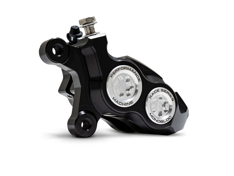 Left Hand Front 4 Piston Race Series Caliper - Black & Chrome. Fits Softail 2015up, V-Rod 2006-2017, Touring Most 2008-2024 & Sportster 2014-2021