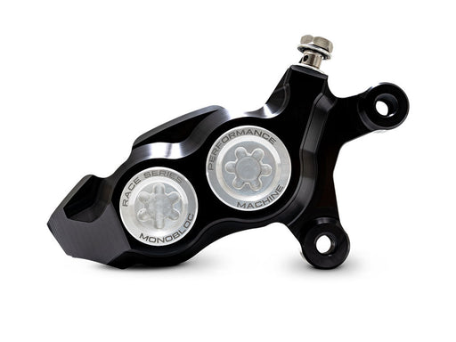 Right Hand Front 4 Piston Race Series Caliper - Black & Chrome. Fits Softail 2015up, V-Rod 2006-2017, Touring Most 2008-2024 & Sportster 2014-2021