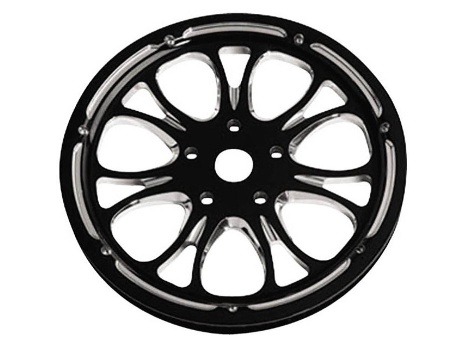 66 Tooth x 1in. wide Heathen Pulley - Black Contrast Cut Platinum. Fits Softail 2012up, Softail 2007up with 150 Rear Tyre & Touring 2007-2008.