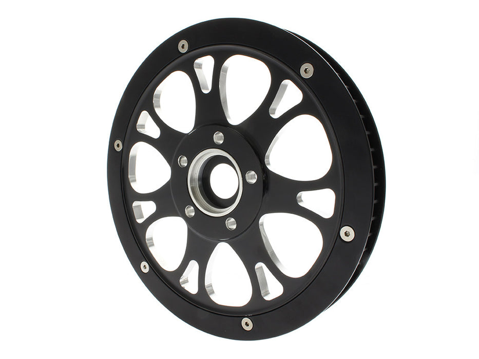 66 Tooth x 1in. wide Paramount Pulley - Black Contrast Cut Platinum. Fits Softail 2012up, Softail 2007up with 150 Rear Tyre & Touring 2007-2008.