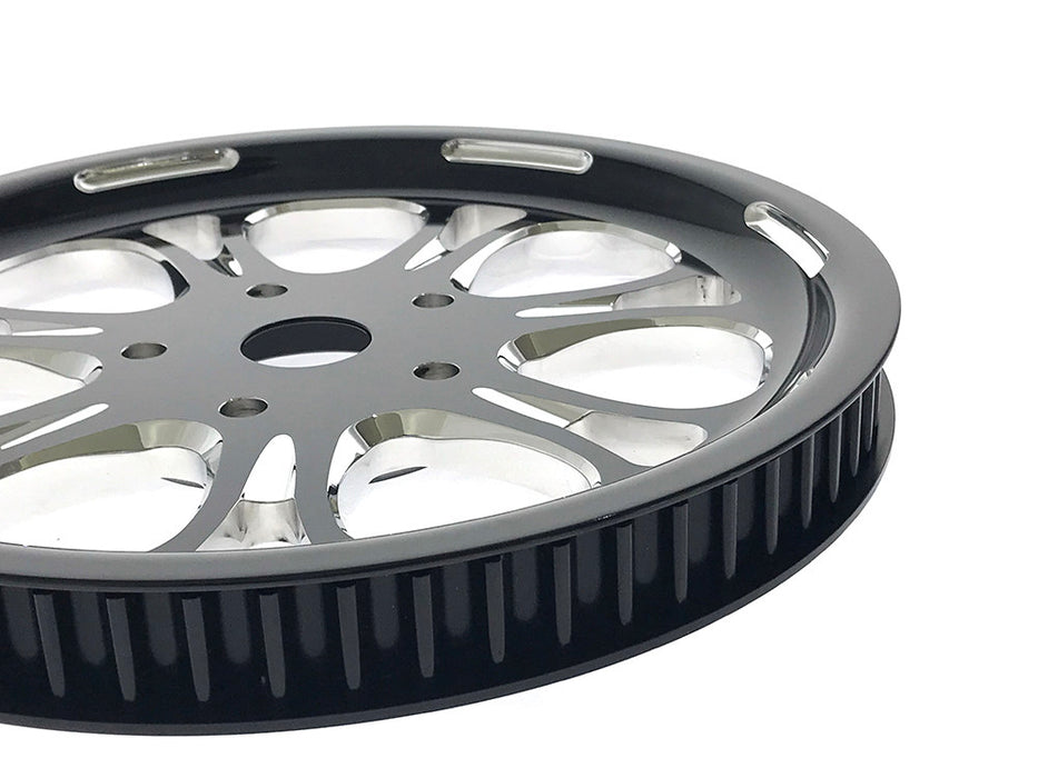 66 Tooth x 1in. wide Paramount Pulley - Black Contrast Cut Platinum. Fits Softail 2012up, Softail 2007up with 150 Rear Tyre & Touring 2007-2008.