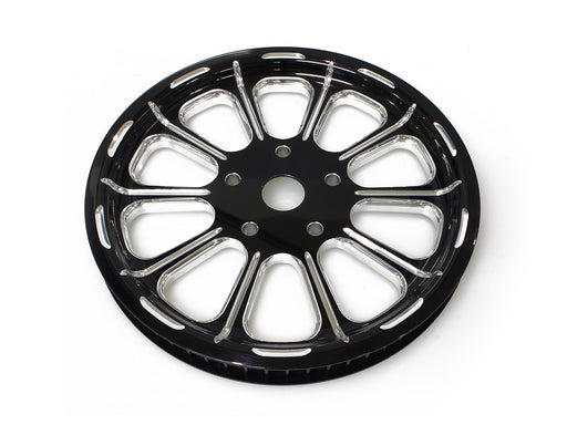 66 Tooth x 1in. wide Revel Pulley - Black Contrast Cut Platinum. Fits Softail 2012-2017, Breakout 2013-2017 & Rocker 2008-2011.