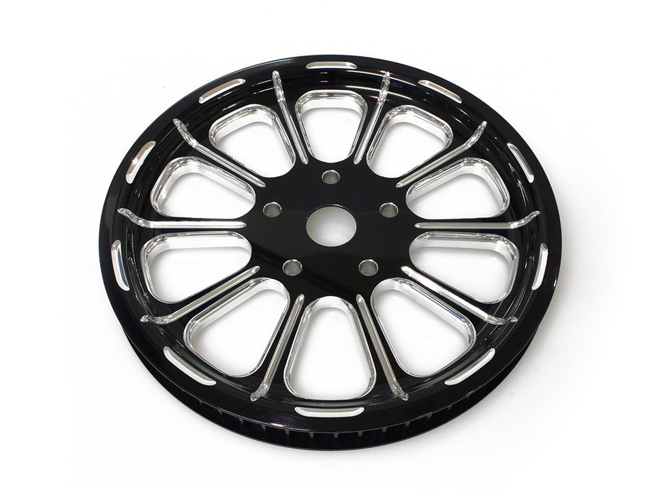 66 Tooth x 1in. wide Revel Pulley - Black Contrast Cut Platinum. Fits Softail 2012-2017, Breakout 2013-2017 & Rocker 2008-2011.