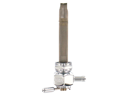 High-Flow Fuel Tap / Petcock with 22mm Thread, 5/16in. Backward Facing Fuel Outlet - Chrome. Fits Softail 1984-2006, Dyna 1991-2006, FXR 1982-1994, Touring 1988-2006, Sportster 1975-2006 & 4Spd Big Twin 1975-1986
