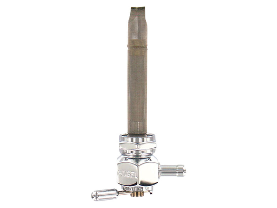 High-Flow Fuel Tap / Petcock with 22mm Thread, 5/16in. Backward Facing Fuel Outlet - Chrome. Fits Softail 1984-2006, Dyna 1991-2006, FXR 1982-1994, Touring 1988-2006, Sportster 1975-2006 & 4Spd Big Twin 1975-1986