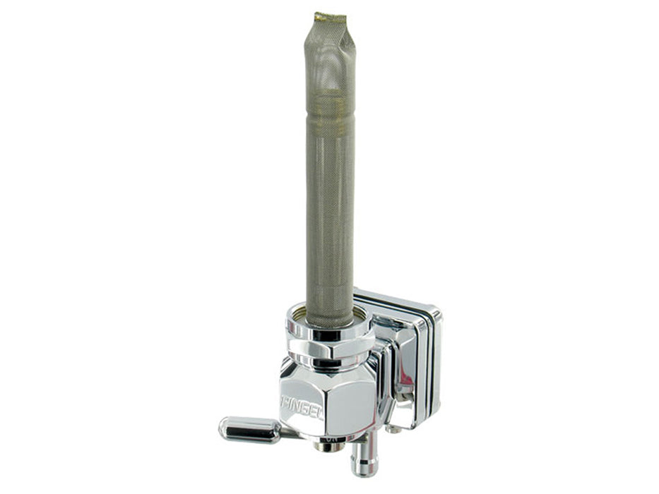 High-Flow Vacuum Operated Fuel Tap / Petcock with 22mm Thread, 5/16in. Downward Facing Fuel Outlet - Chrome. Fits Sportster 1995-2006