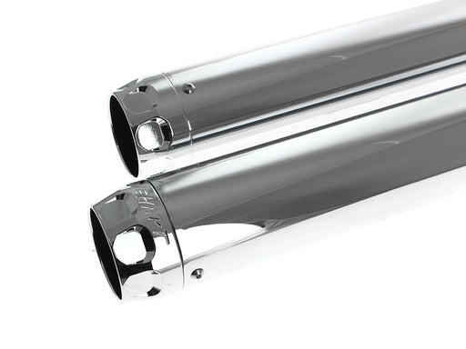 3in. Slip-On Mufflers - Chrome with Chrome Scalloped End Caps. Fits Softail Deuce 2007 & Fat Boy 2007-2017