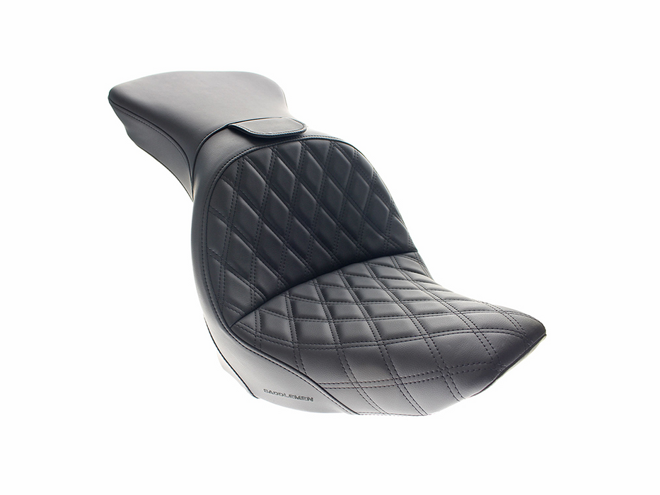 SADDLEMEN - Explorer LS Dual Seat With Backrest & with Black Double Diamond Lattice Stitch. Fits Softail Deluxe & Heritage 2006-2017