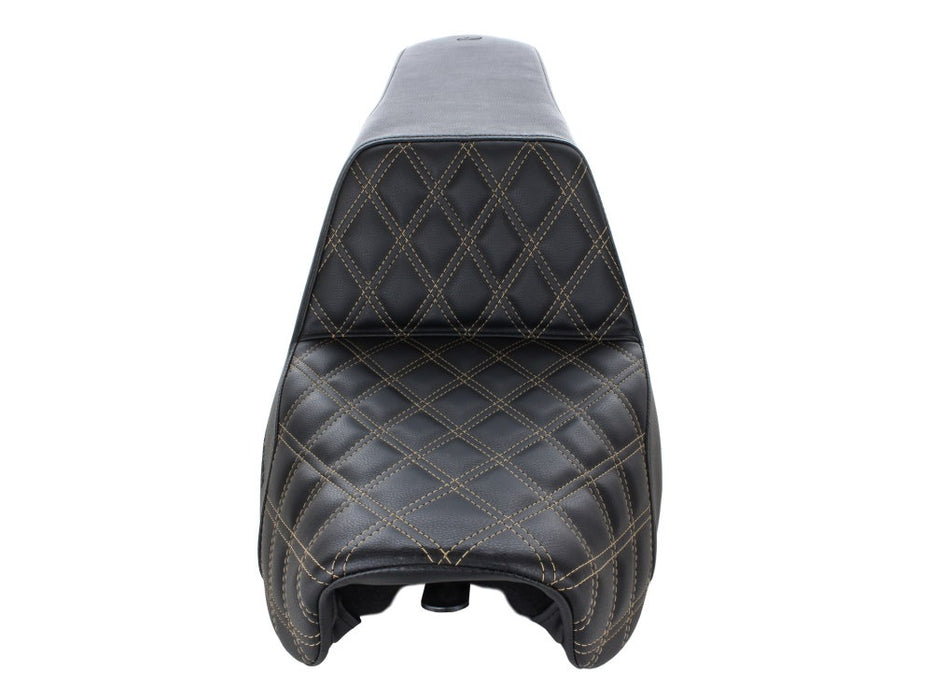 SADDLEMEN Step-Up LS Dual Seat With Gold Double Diamond Lattice Stitch. Fits Dyna 2006-2017