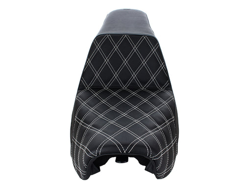 Step-Up LS Dual Seat with White Double Diamond Lattice Stitch. Fits Dyna 2006-2017.