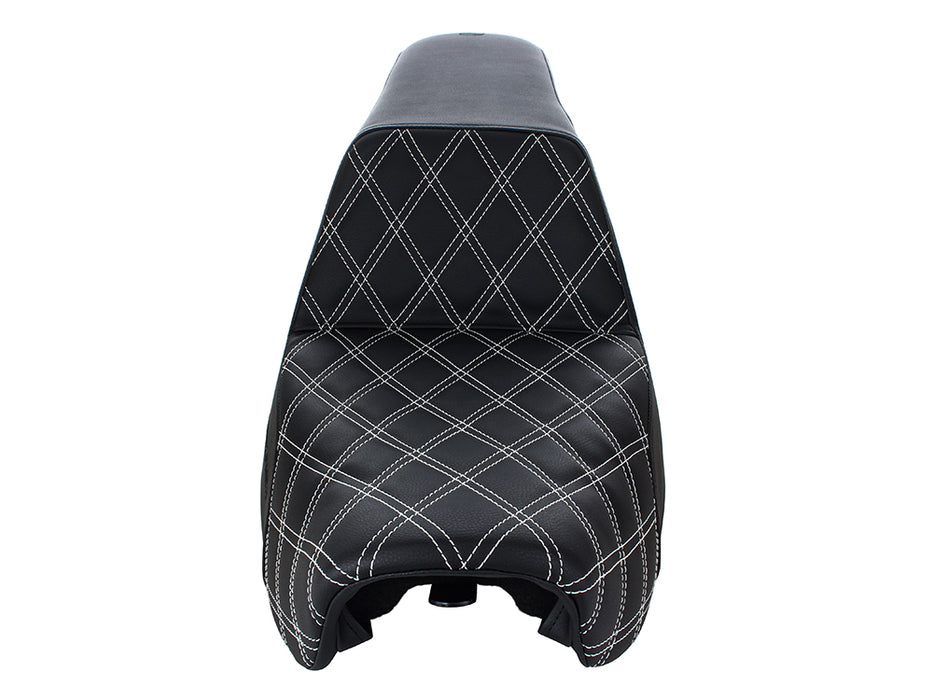 Step-Up LS Dual Seat with White Double Diamond Lattice Stitch. Fits Dyna 2006-2017.