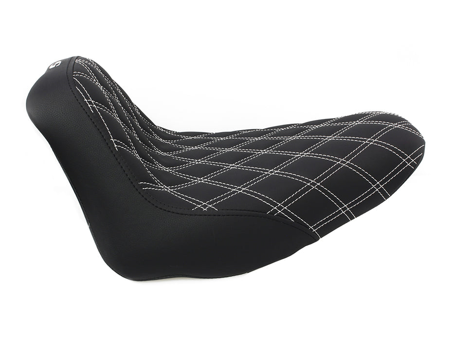 Renegade LS Solo Seat with White Double Diamond Stitch. Fits Softail 2008-2017 with 150 OEM Rear Tyre.