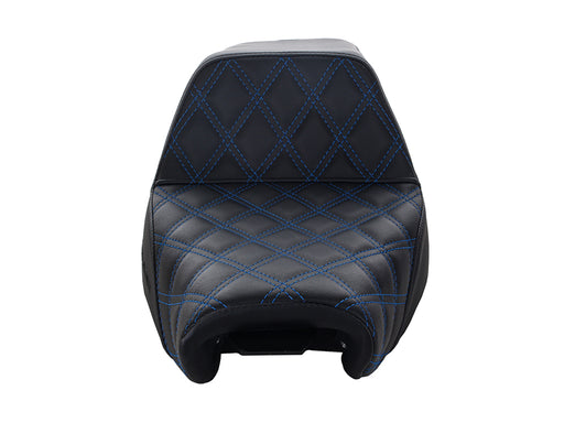 Step-Up LS Dual Seat with Blue Double Diamond Lattice Stitch. Fits Sportster 2004-2021 with 4.5 Gallon Fuel Tank.