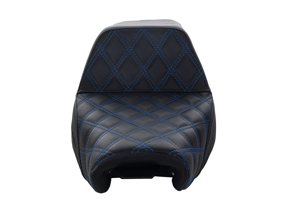 Step-Up LS Dual Seat with Blue Double Diamond Lattice Stitch. Fits Sportster 2004-2021 with 4.5 Gallon Fuel Tank.
