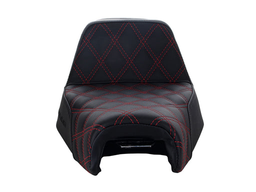 Step-Up LS Dual Seat with Red Double Diamond Lattice Stitch. Fits Sportster 2004-2021 with 4.5 Gallon Fuel Tank.