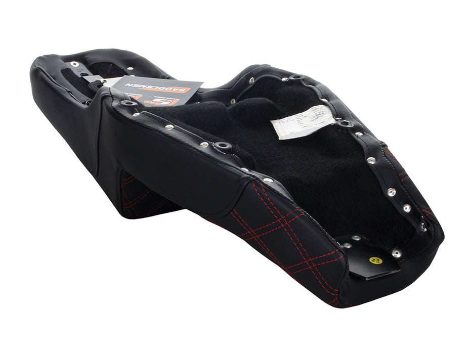 Step-Up LS Dual Seat with Red Double Diamond Lattice Stitch. Fits Sportster 2004-2021 with 4.5 Gallon Fuel Tank.