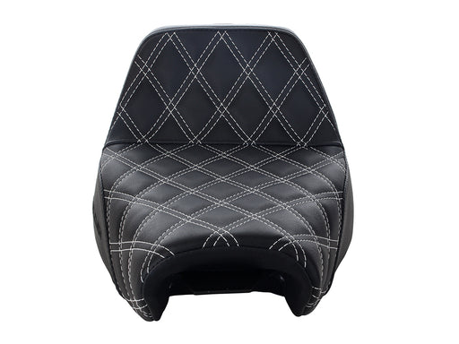 Step-Up LS Dual Seat with White Double Diamond Lattice Stitch. Fits Sportster 2004-2021 with 4.5 Gallon Fuel Tank.