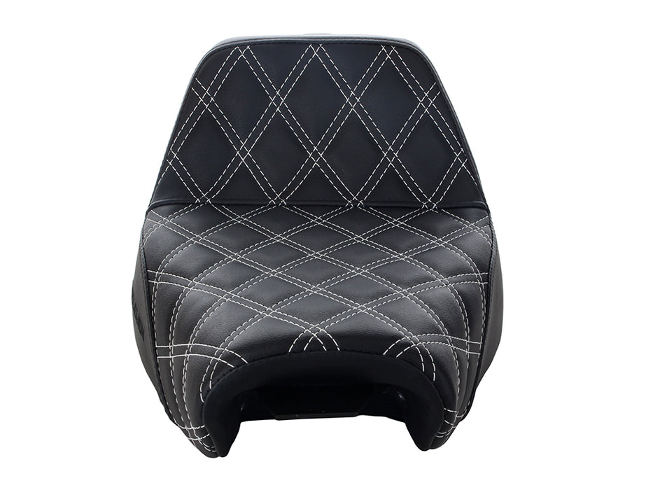 Step-Up LS Dual Seat with White Double Diamond Lattice Stitch. Fits Sportster 2004-2021 with 4.5 Gallon Fuel Tank.