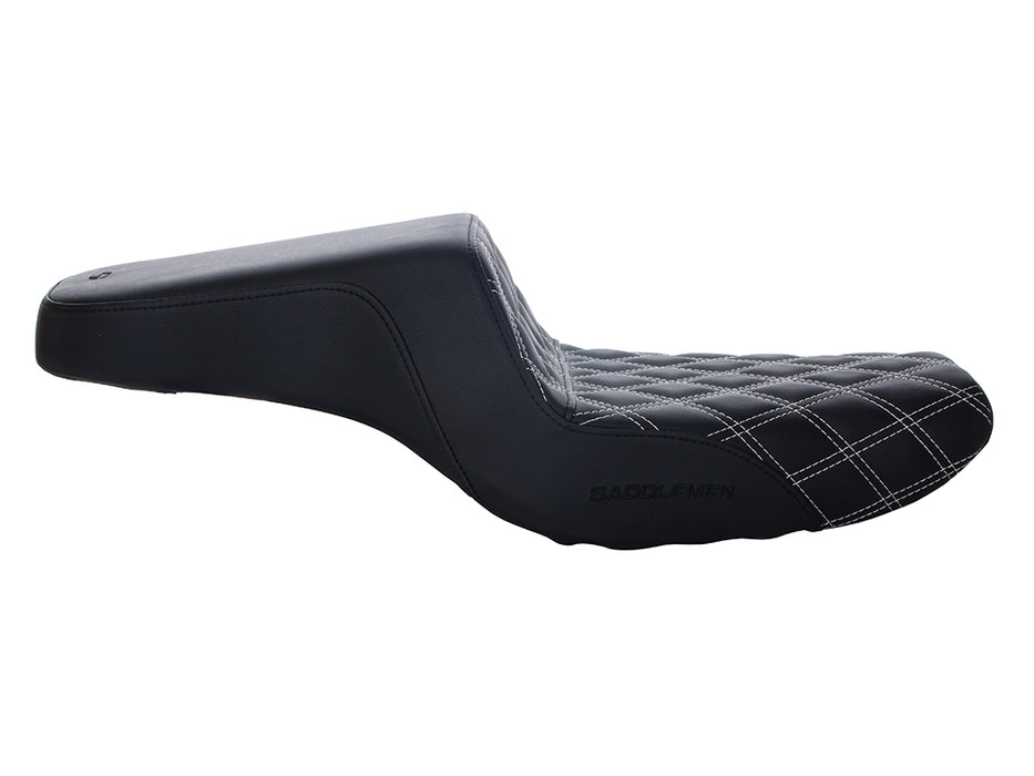 Step-Up LS Dual Seat with White Double Diamond Lattice Stitch. Fits Sportster 2004-2021 with 4.5 Gallon Fuel Tank.