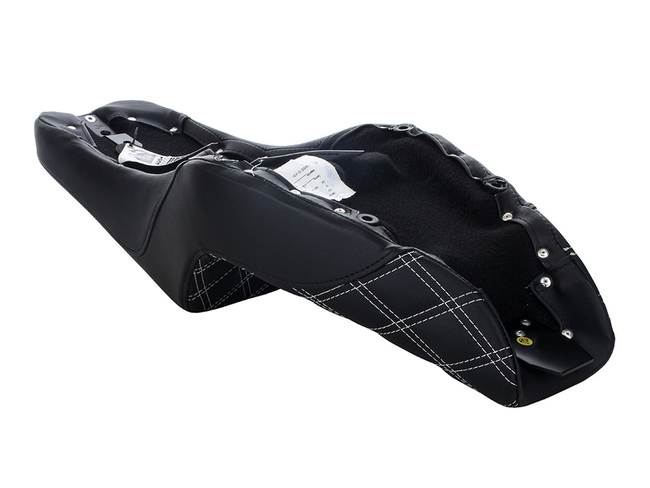 Step-Up LS Dual Seat with White Double Diamond Lattice Stitch. Fits Sportster 2004-2021 with 4.5 Gallon Fuel Tank.