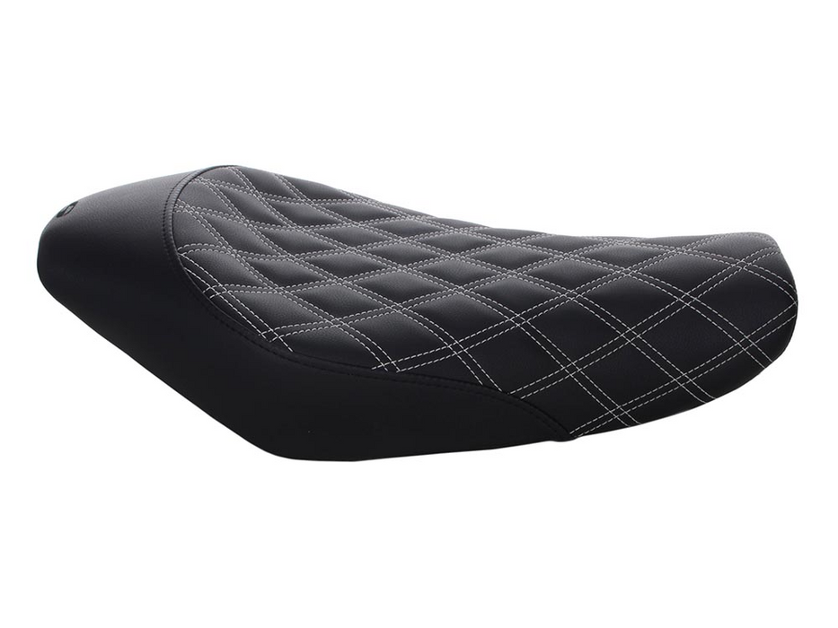 Renegade LS Solo Seat with White Double Diamond Lattice Stitch. Fits Sportster 2004-2021 with 3.3 Gallon Fuel Tank.