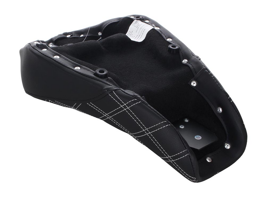 Renegade LS Solo Seat with White Double Diamond Lattice Stitch. Fits Sportster 2004-2021 with 3.3 Gallon Fuel Tank.
