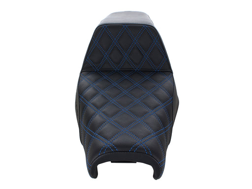 Step-Up LS Dual Seat with Blue Double Diamond Lattice Stitch. Fits Sportster 2004-2021 with 3.3 Gallon Fuel Tank.