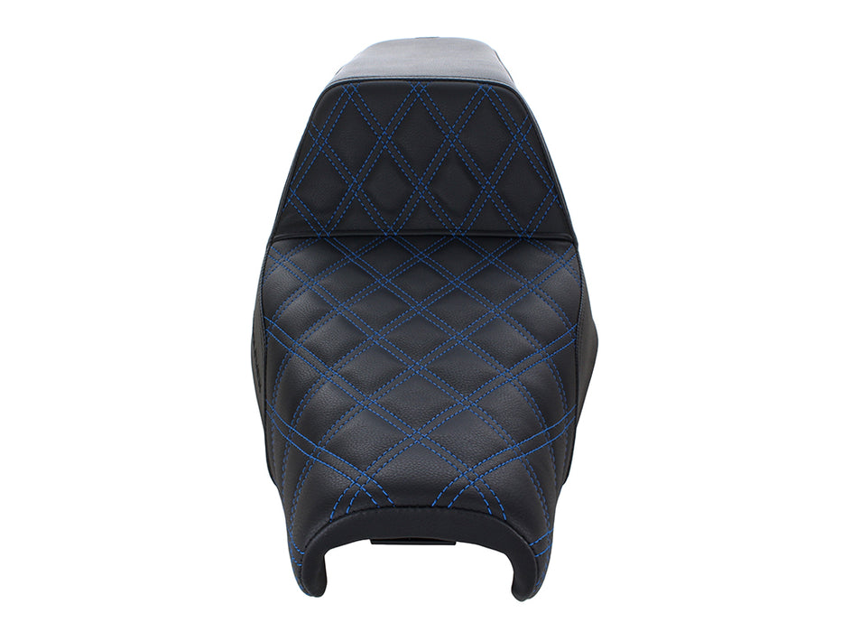 Step-Up LS Dual Seat with Blue Double Diamond Lattice Stitch. Fits Sportster 2004-2021 with 3.3 Gallon Fuel Tank.
