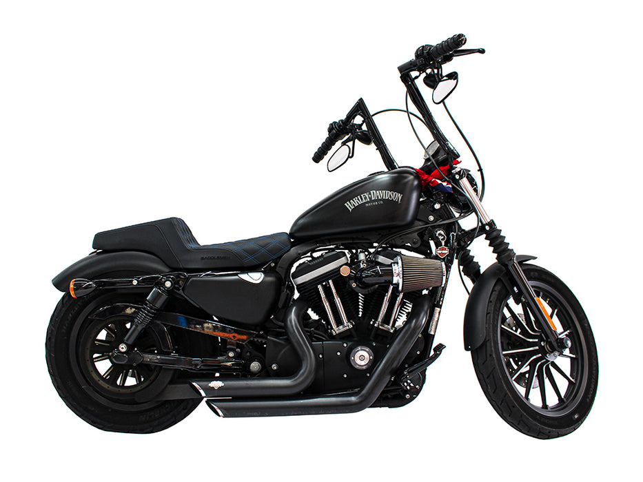 Step-Up LS Dual Seat with Blue Double Diamond Lattice Stitch. Fits Sportster 2004-2021 with 3.3 Gallon Fuel Tank.