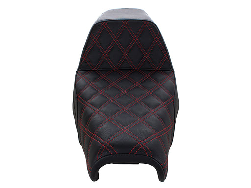 Step-Up LS Dual Seat with Red Double Diamond Lattice Stitch. Fits Sportster 2004-2021 with 3.3 Gallon Fuel Tank.