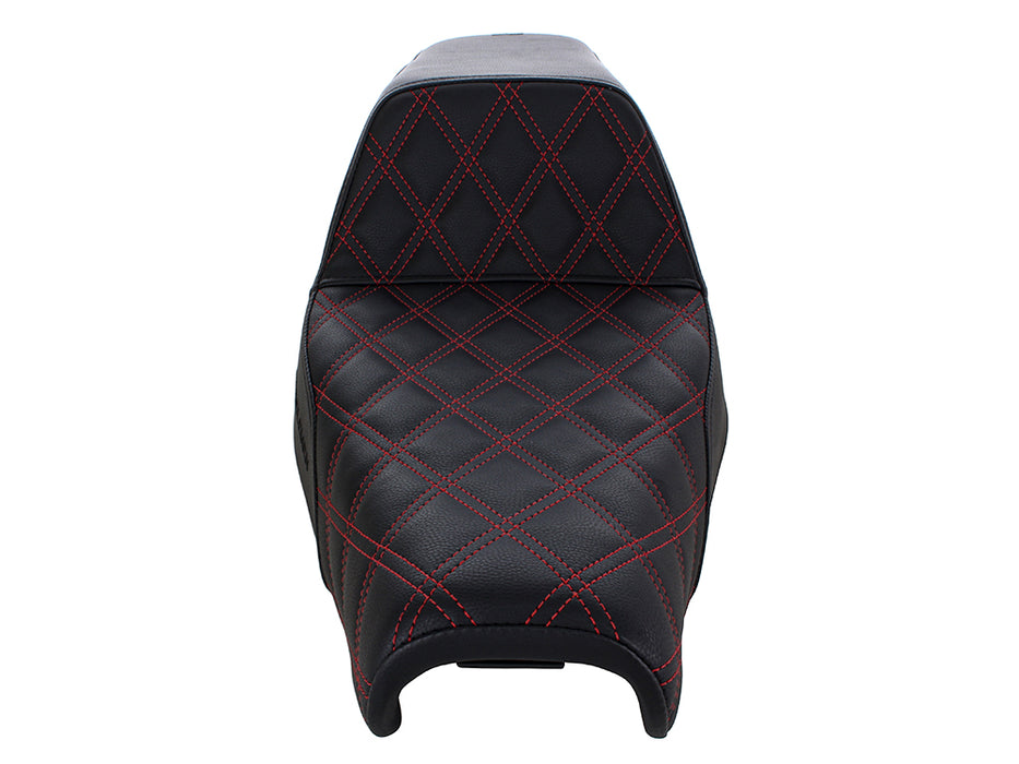 Step-Up LS Dual Seat with Red Double Diamond Lattice Stitch. Fits Sportster 2004-2021 with 3.3 Gallon Fuel Tank.