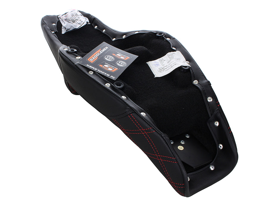 Step-Up LS Dual Seat with Red Double Diamond Lattice Stitch. Fits Sportster 2004-2021 with 3.3 Gallon Fuel Tank.