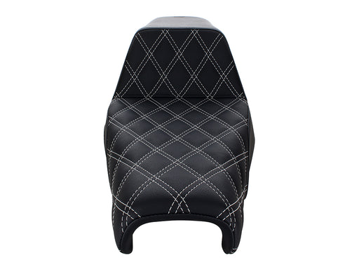 Step-Up LS Dual Seat with White Double Diamond Lattice Stitch. Fits Sportster 2004-2021 with 3.3 Gallon Fuel Tank.