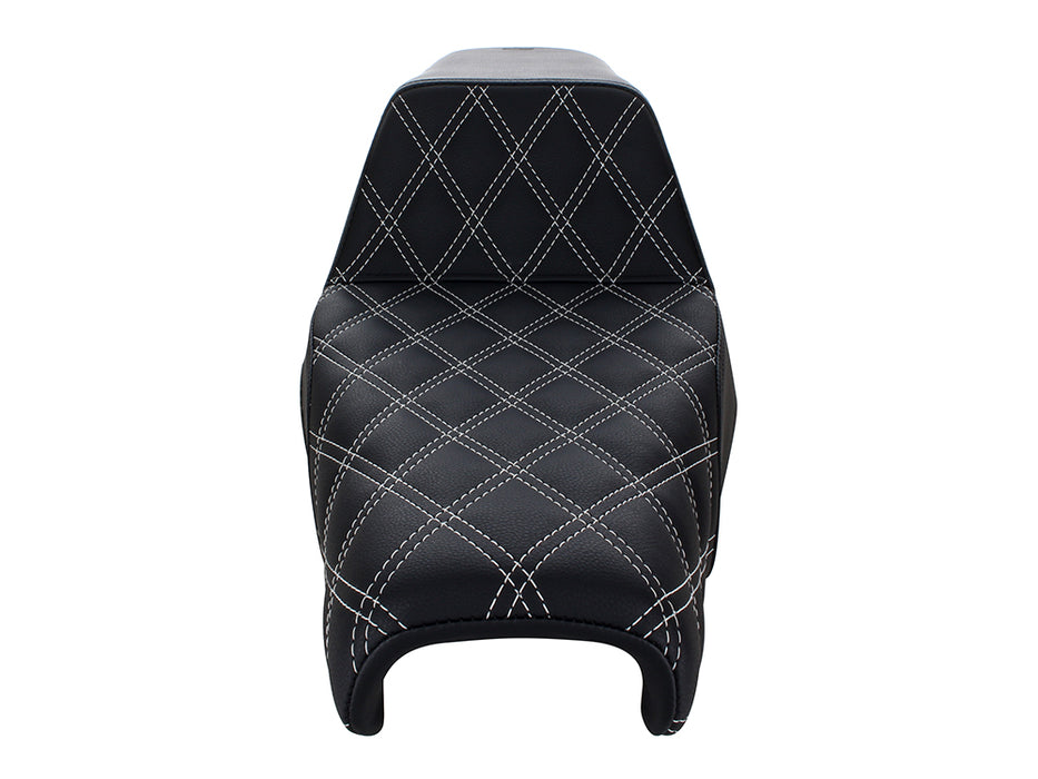 Step-Up LS Dual Seat with White Double Diamond Lattice Stitch. Fits Sportster 2004-2021 with 3.3 Gallon Fuel Tank.