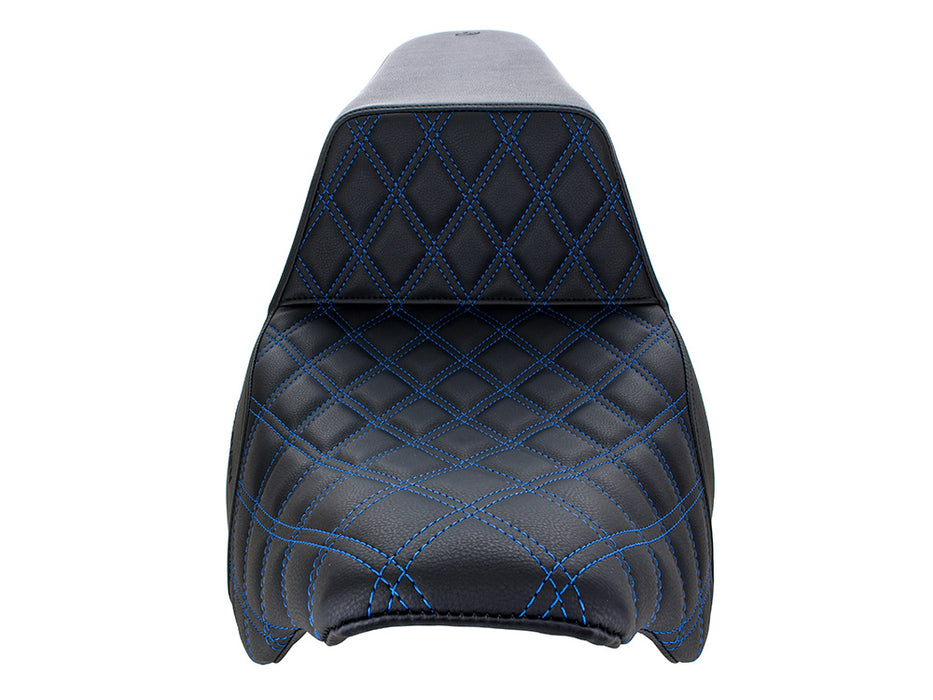 Step-Up LS Dual Seat with Blue Double Diamond Lattice Stitch. Fits Most Touring 2008-2024