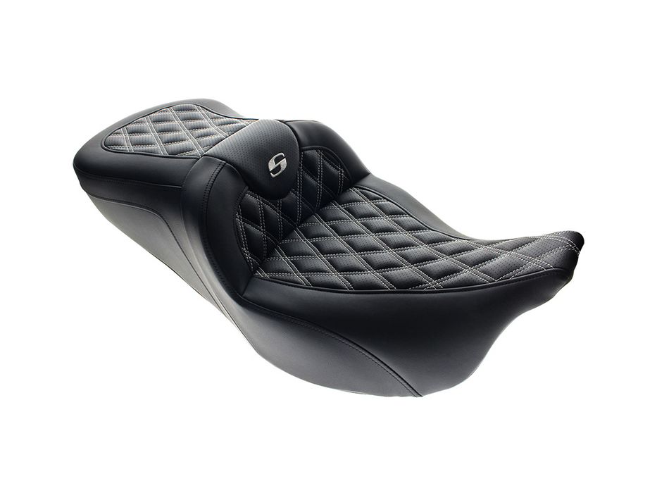 SADDLEMEN Roadsofa LS Dual Seat with White Double Diamond Lattice Stitch. Fits Most Touring 2008-2024