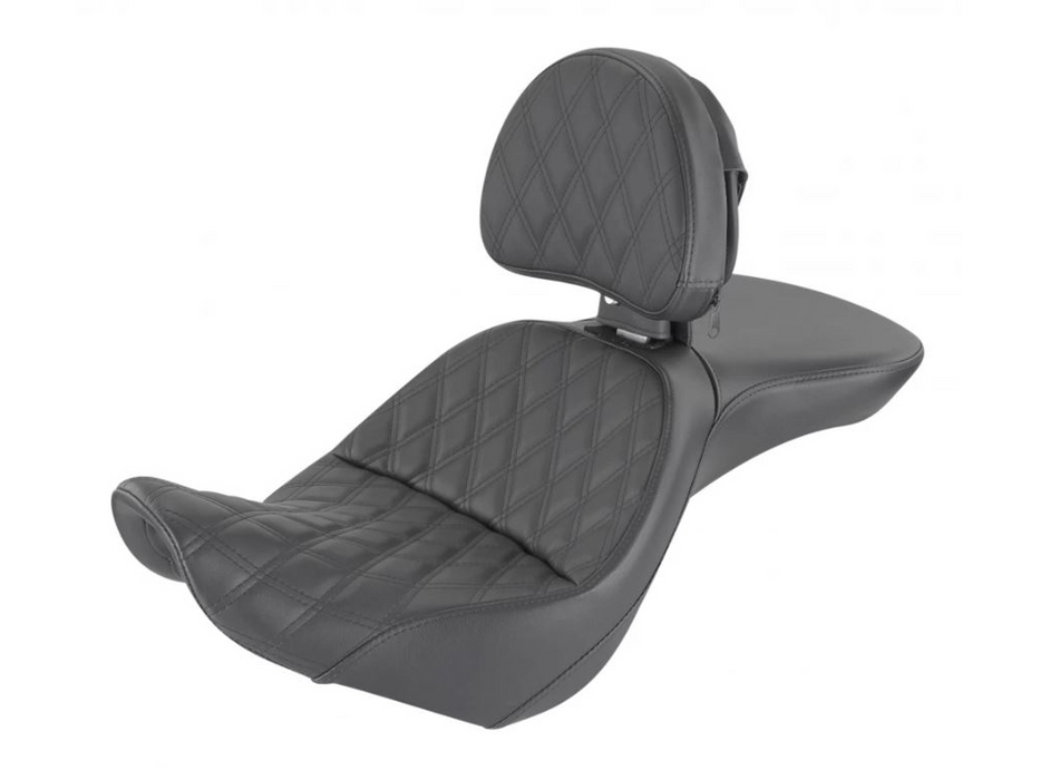 SADDLEMEN - Explorer LS Dual Seat With Backrest & with Black Double Diamond Lattice Stitch. Fits Fat Boy 2018up & Breakout 2023up