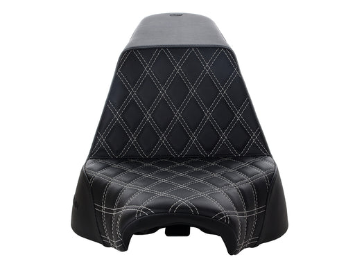 Step-Up Front LS Dual Seat with Silver Double Diamond Lattice Stitch. Fits Fat Boy 2018up & Breakout 2023up